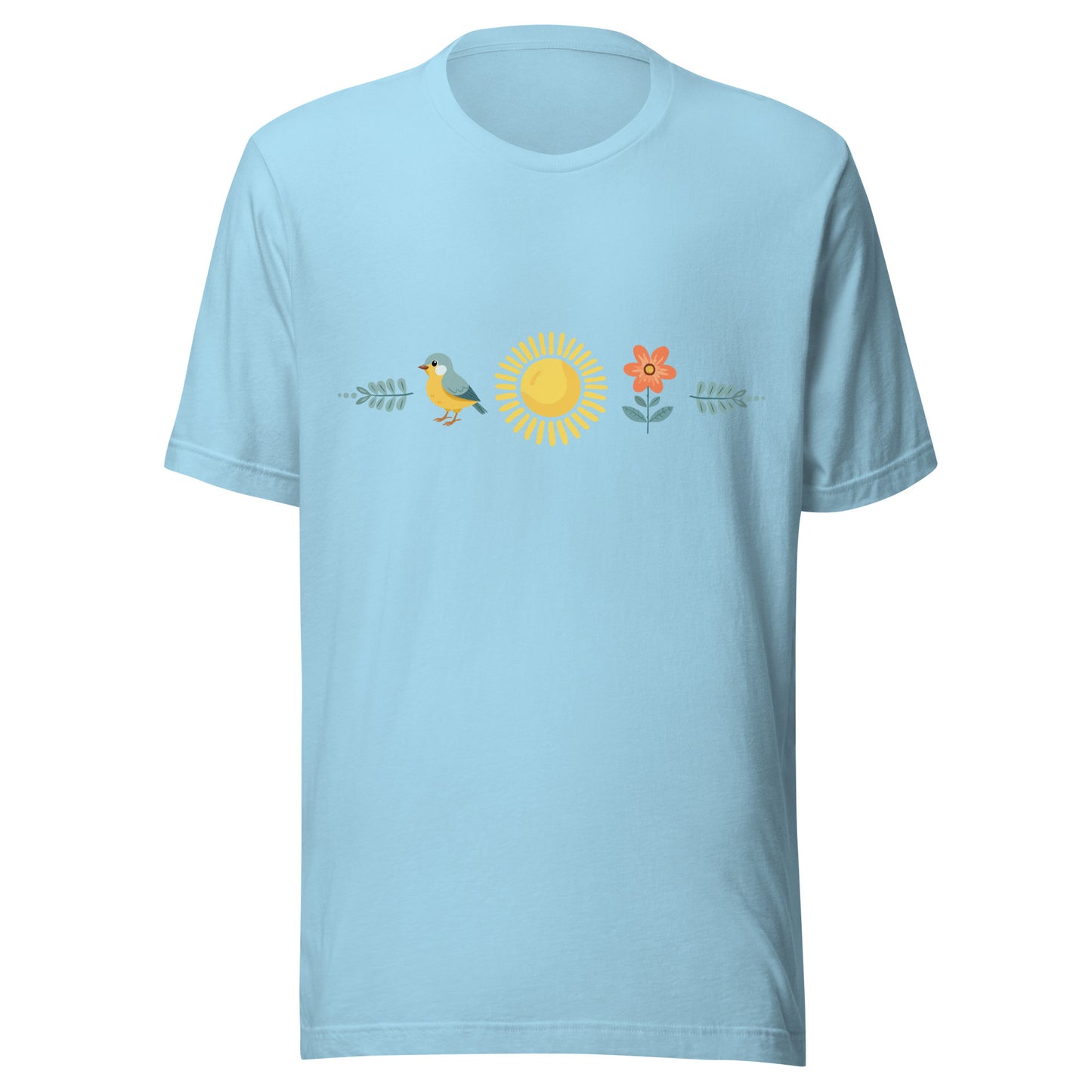 Ocean blue unisex t-shirt with a sun in the middle with a bird on one side and a flower on the other.