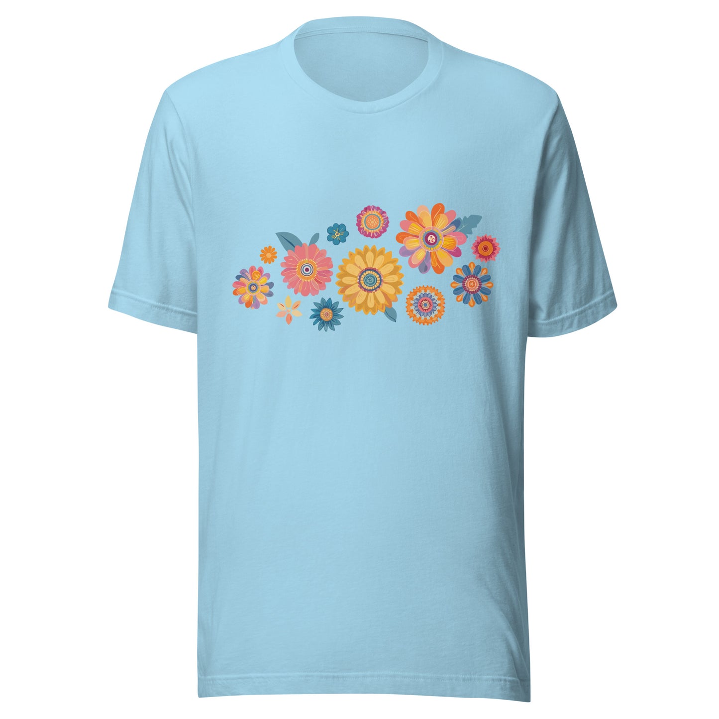 Ocean blue short sleeve unisex t-shirt with groovy retro flowers tossed on the front. 