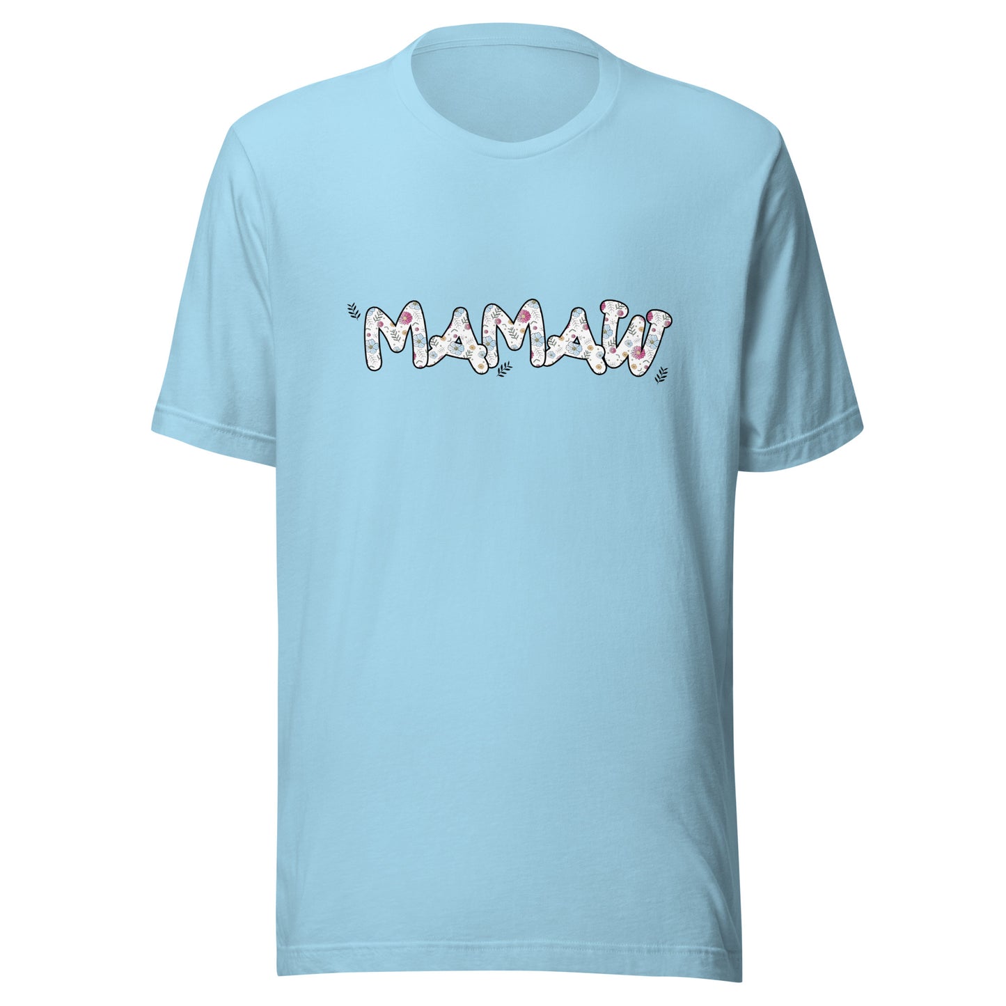 Ocean blue short sleeve unisex t-shirt that says Mamaw on the front written in cute font with flowers inside each letter. 