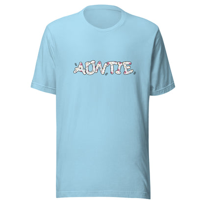Ocean blue short sleeve unisex t-shirt that says Auntie on the front written in cute font with flowers inside each letter. 