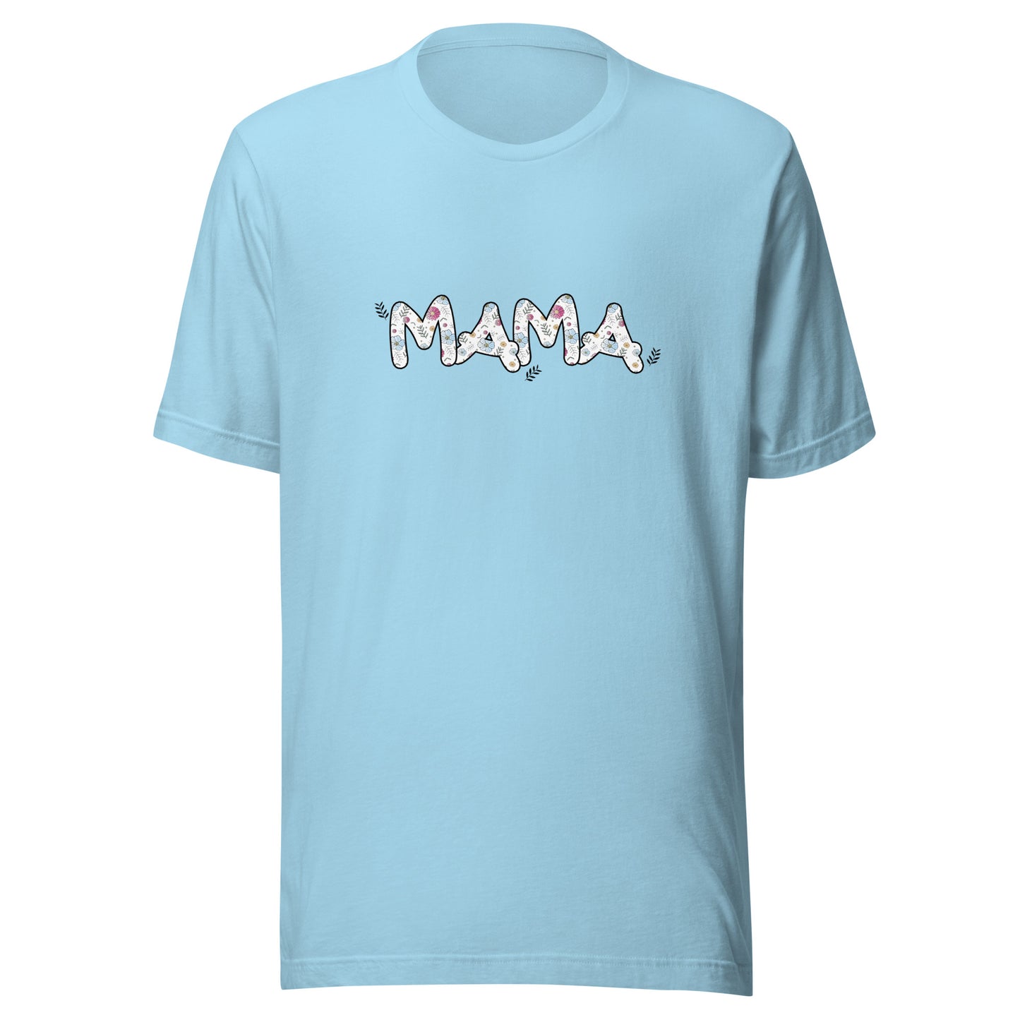 Ocean blue short sleeve unisex t-shirt that says Mama on the front written in cute font with flowers inside each letter. 