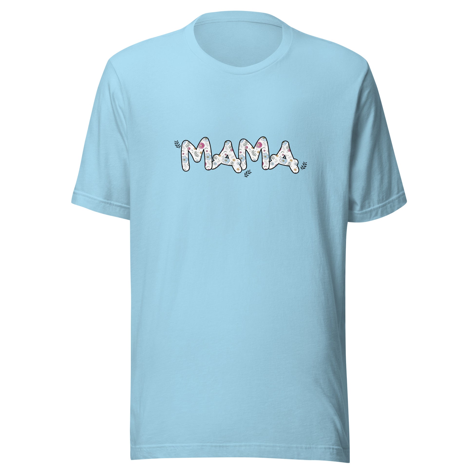 Ocean blue short sleeve unisex t-shirt that says Mama on the front written in cute font with flowers inside each letter. 