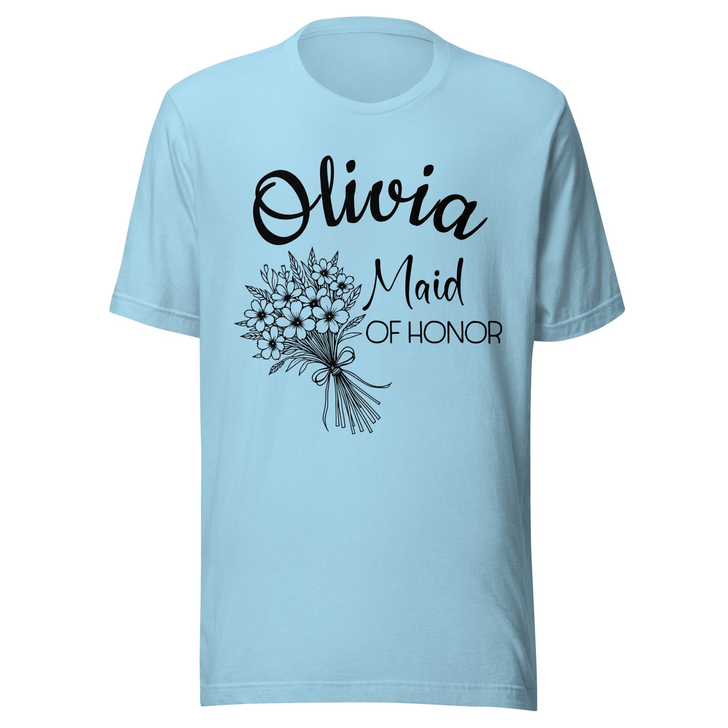Personalized Maid of Honor t-shirt with name and large bouquet.