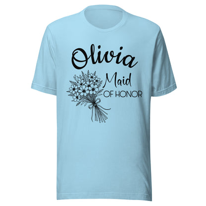 Personalized Maid of Honor t-shirt with name and large bouquet.