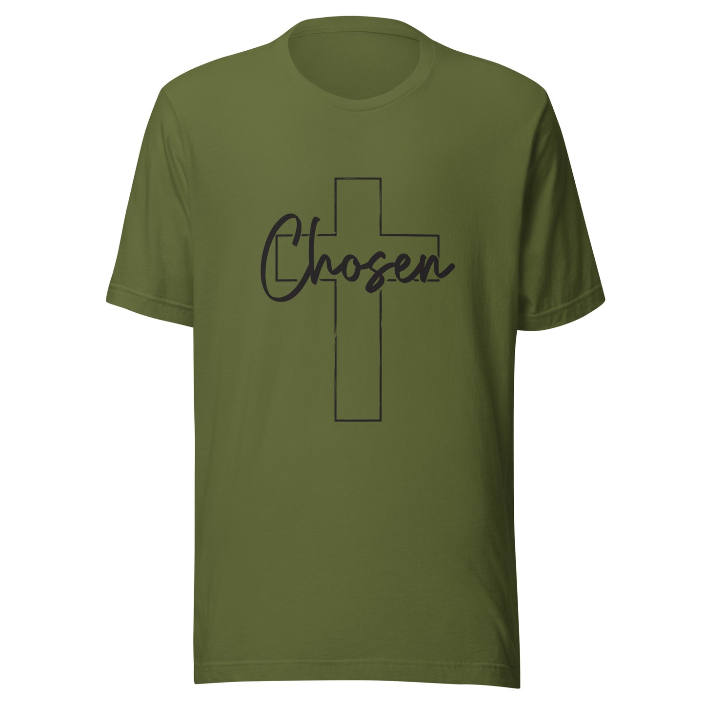 Olive unisex short sleeve t-shirt that has a Christian cross and has the word chosen acrossed it. 