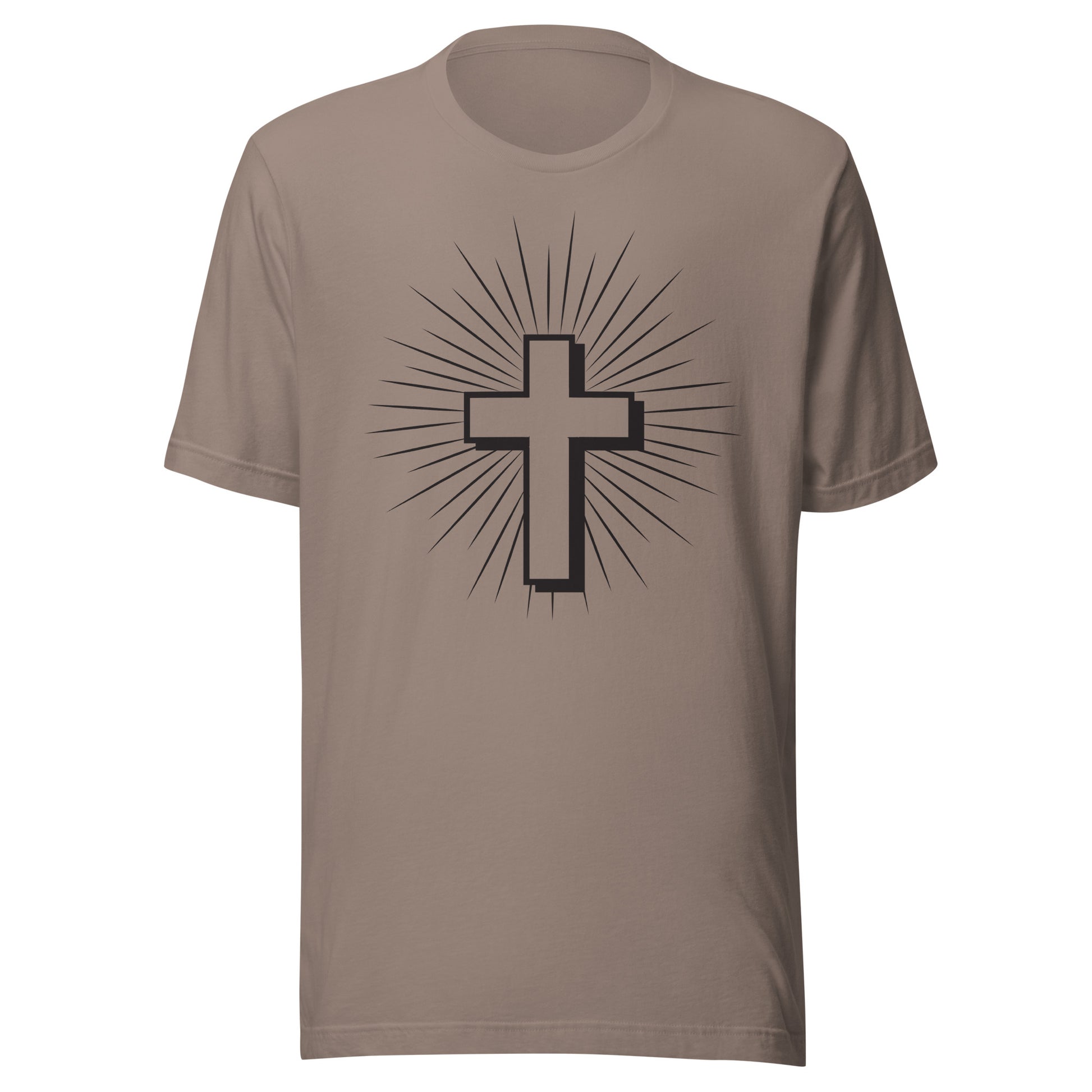 Christian Cross with Sun Rays on a short sleeve in pebble color Unisex T-Shirt.