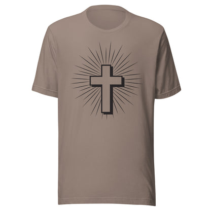 Christian Cross with Sun Rays on a short sleeve in pebble color Unisex T-Shirt.