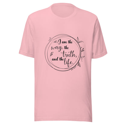 Pink unisex short sleeve t-shirt with John 14:6 scripture written in a viney circle.