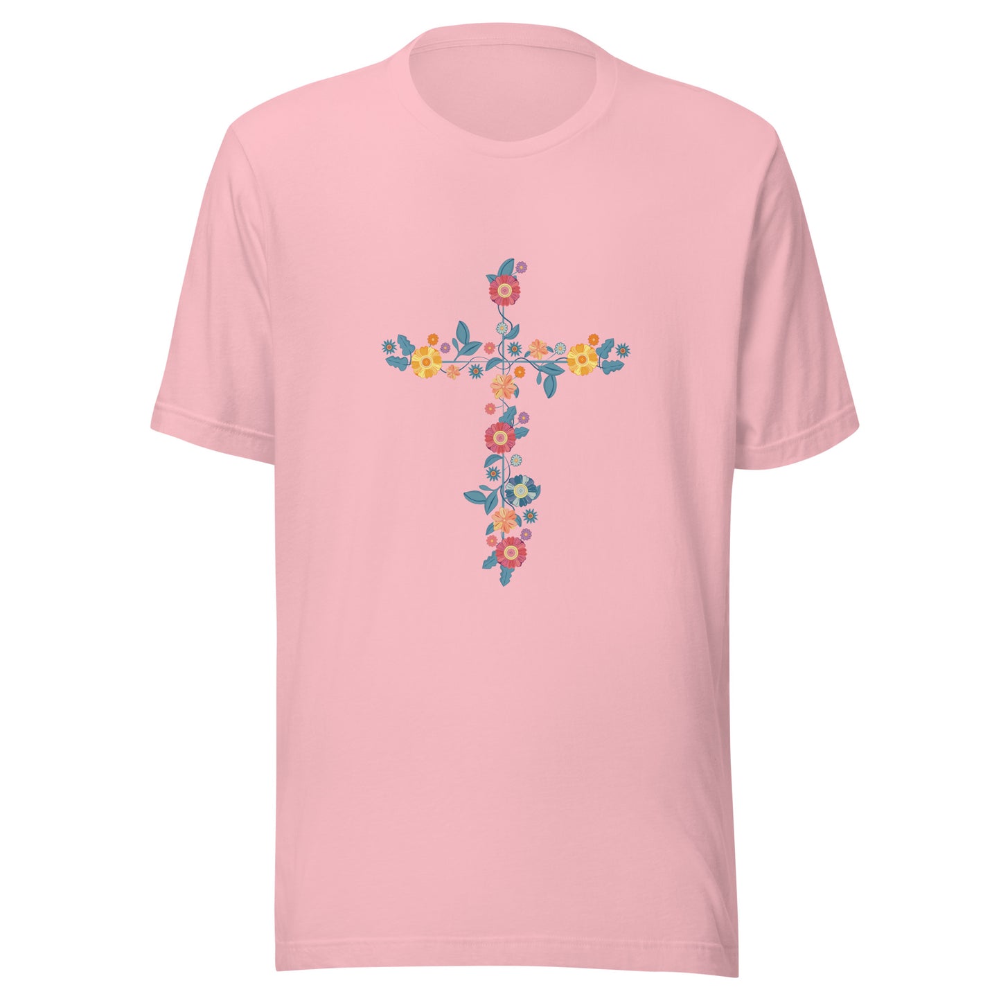 Pink unisex short sleeve t-shirt that has a multi-colored delicate floral cross.
