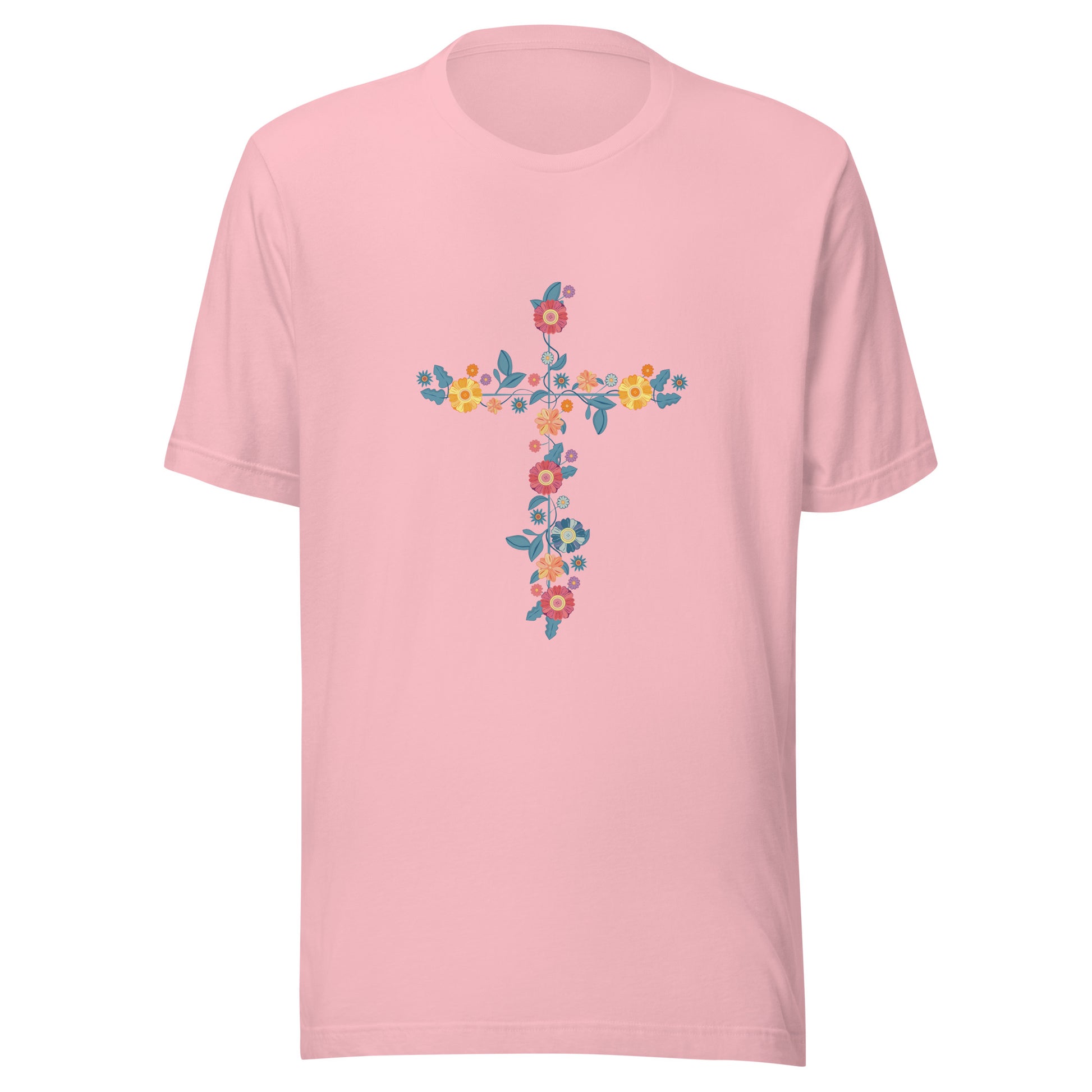 Pink unisex short sleeve t-shirt that has a multi-colored delicate floral cross.