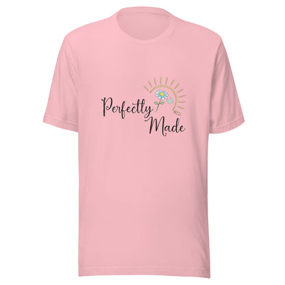 Pink unisex short sleeve t-shirt that says Perfectly Made with a flower butterfly and sun.