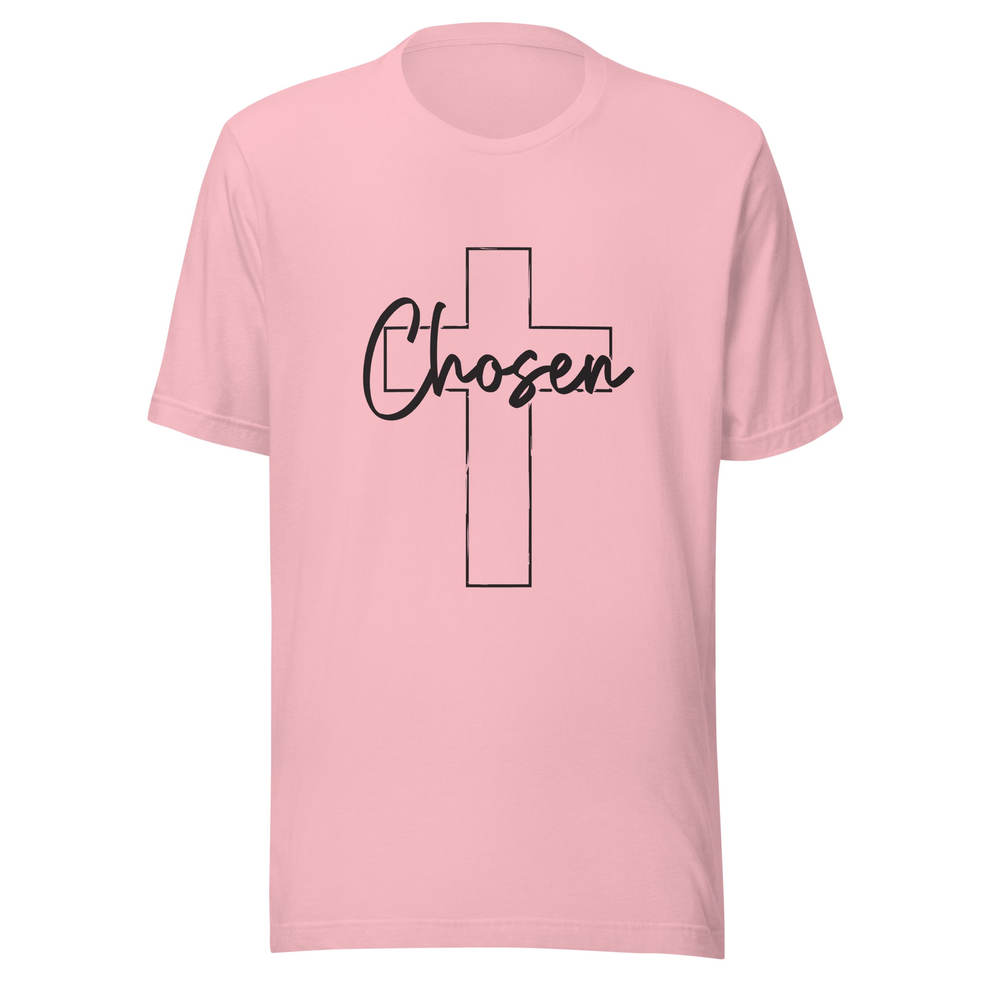 Pink unisex short sleeve t-shirt that has a Christian cross and has the word chosen acrossed it. 