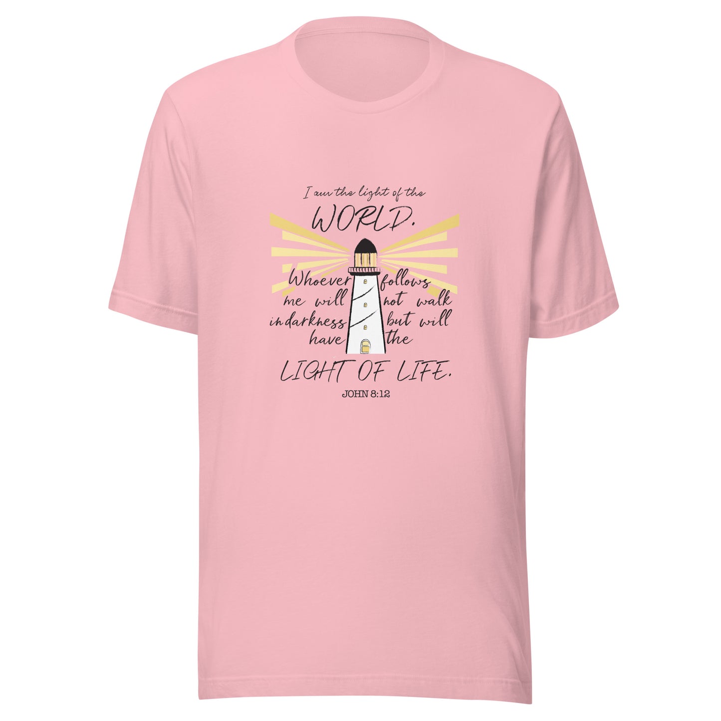 Pink unisex short sleeve t-shirt that has John 8:12 scripture featuring a light house with light rays coming from it. 