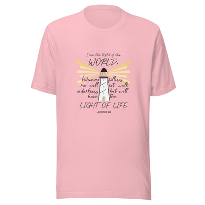 Pink unisex short sleeve t-shirt that has John 8:12 scripture featuring a light house with light rays coming from it. 