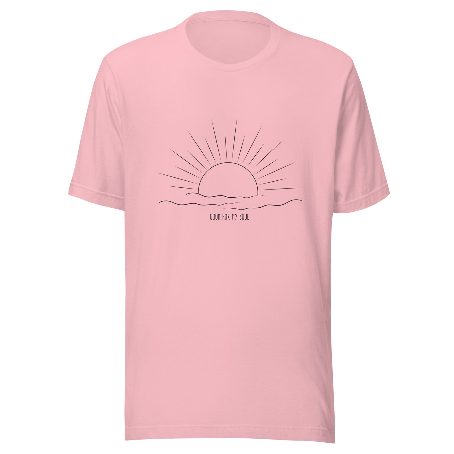 Pink unisex short sleeve t-shirt that states 'Good for my soul' with a sunsetting above the words all in black color.