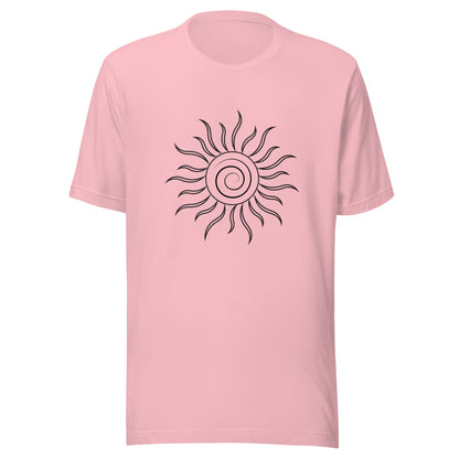 Pink unisex short sleeve t-shirt with spiral sun and black fiery looking rays all black ink.