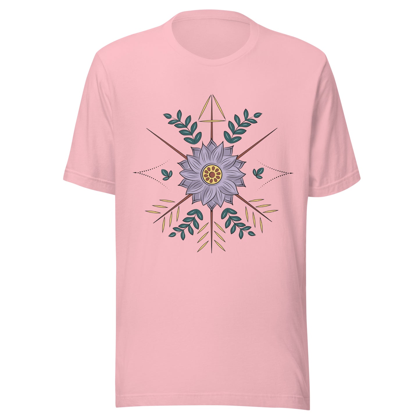 Pink unisex short sleeve t-shirt with a purple flower with arrow surrounding it.