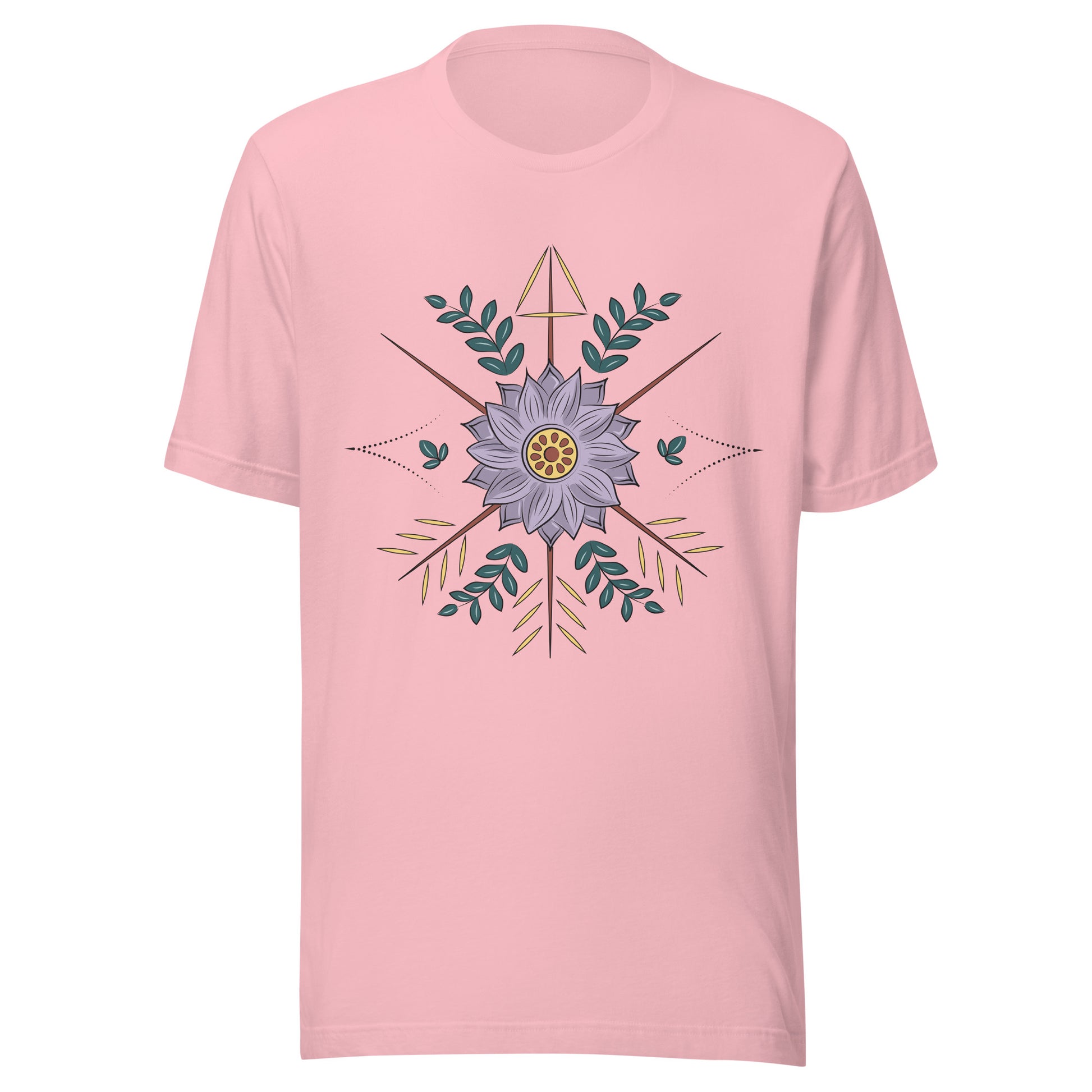 Pink unisex short sleeve t-shirt with a purple flower with arrow surrounding it.