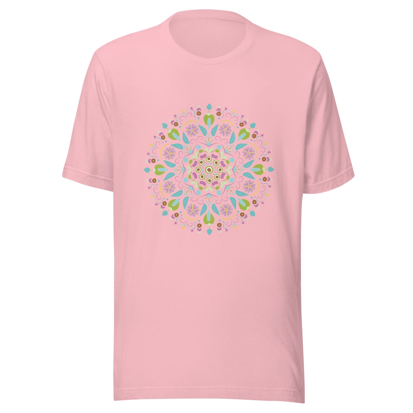 Pink unisex short sleeve  t-shirt with a Scandanavian style mandala multi-colored.