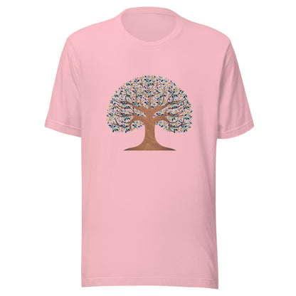 Pink unisex t-shirt with a tree of life with colorful leaves. 