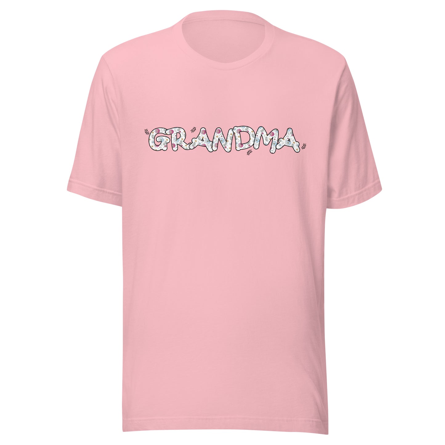 Pink short sleeve unisex t-shirt that says Grandma on the front written in cute font with flowers inside each letter. 