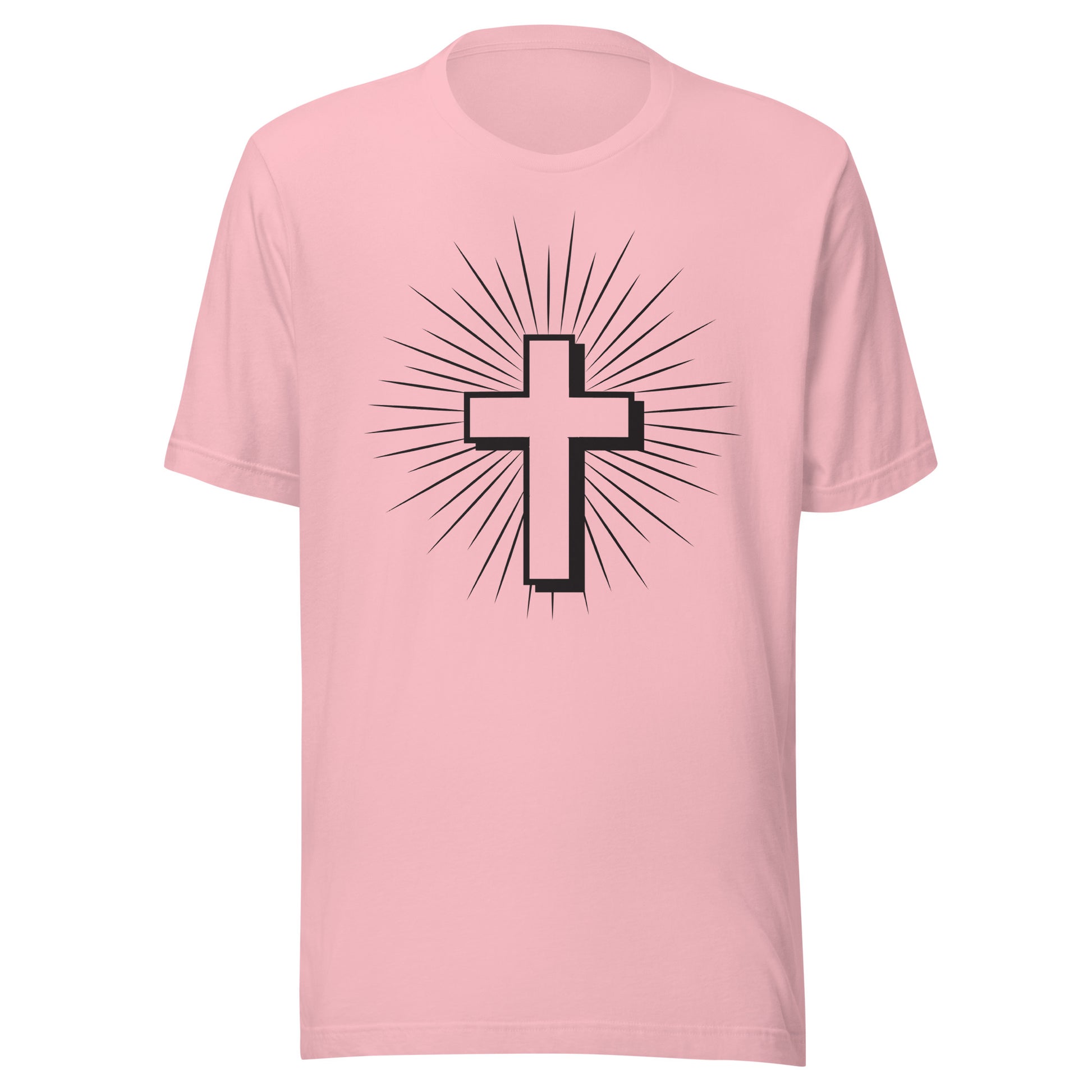 Christian Cross with Sun Rays on a short sleeve pink Unisex T-Shirt.