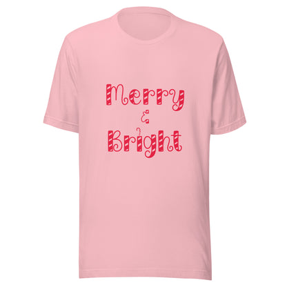 Merry & Bright typography Christmas design Unisex short sleeve T-shirt in pink.