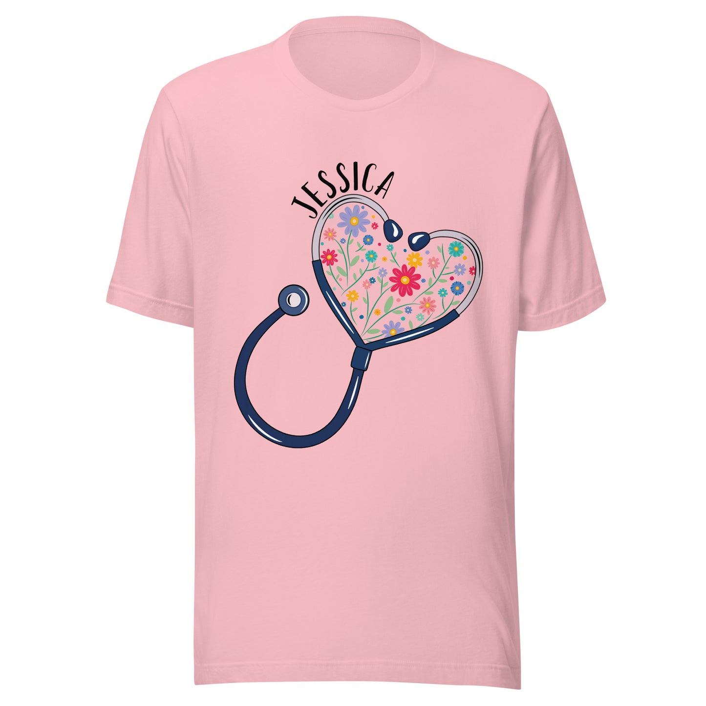 Unisex pink short sleeve t-shirt with a stethoscope in the shape of a heart with multi-colored flowers inside and personalized with a name hugging the top of the heart shape. 