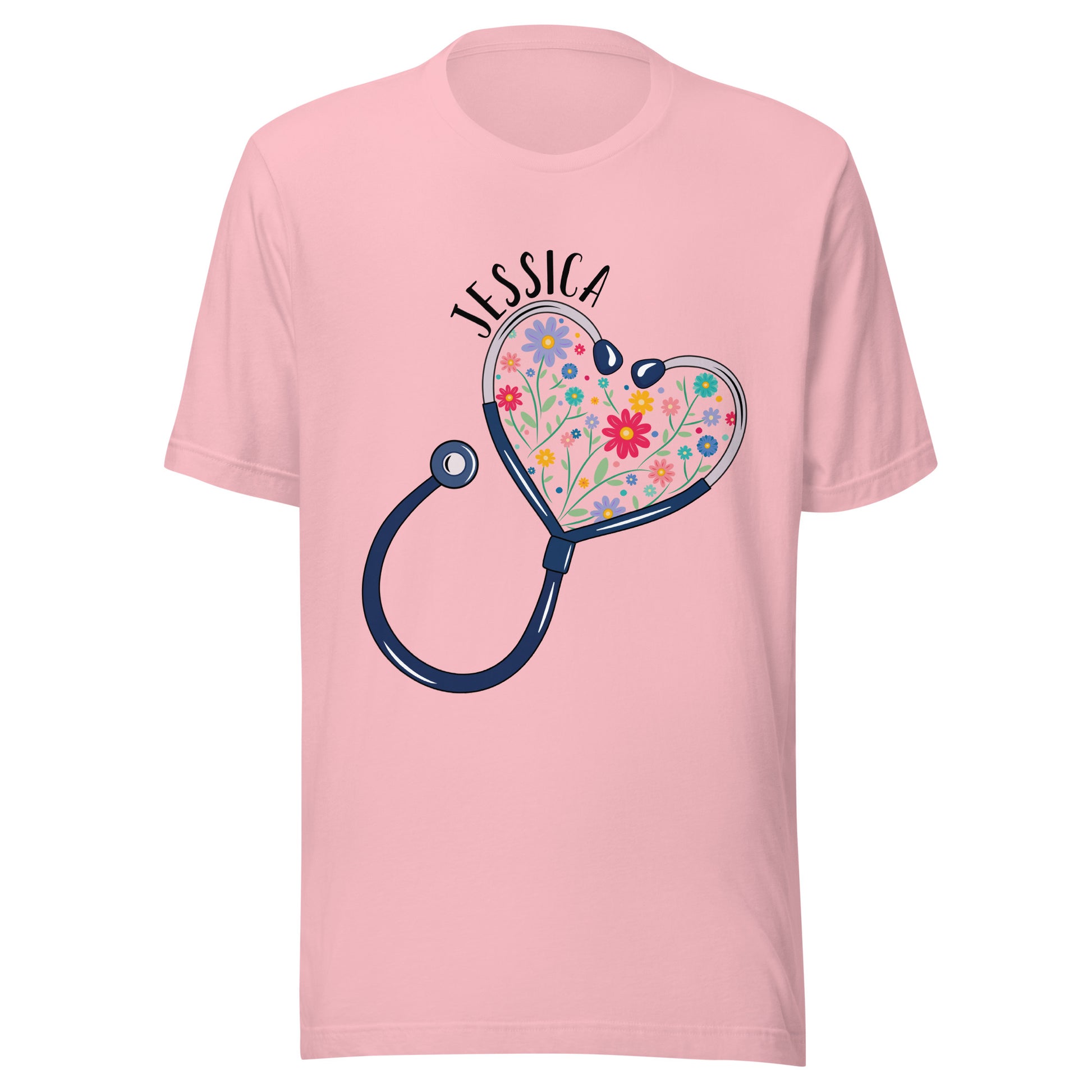 Unisex pink short sleeve t-shirt with a stethoscope in the shape of a heart with multi-colored flowers inside and personalized with a name hugging the top of the heart shape. 