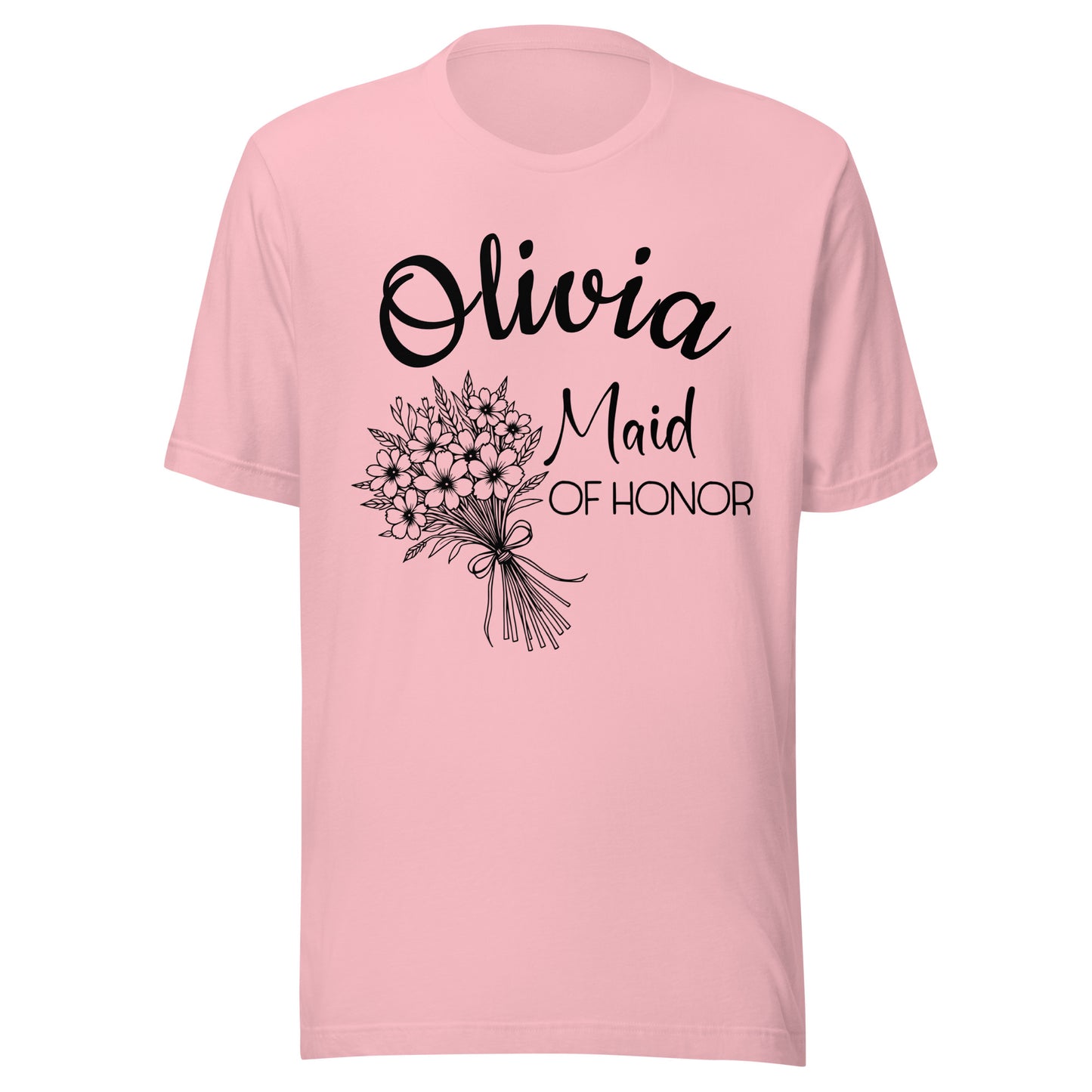 Personalized Maid of Honor t-shirt with name and large bouquet.