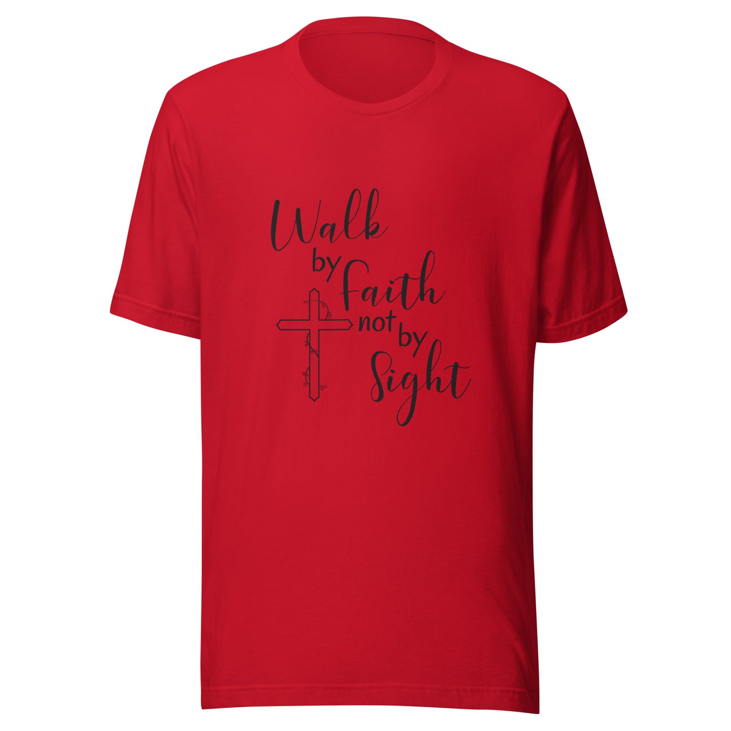 Red unisex short sleeve t-shirt that says Walk by faith not by sight and has a cross with ivy. 