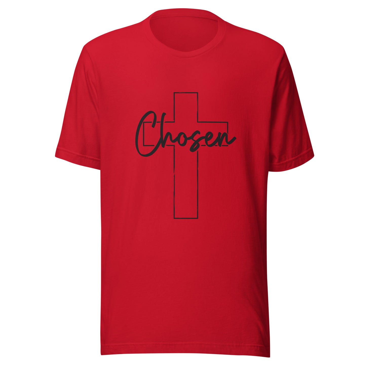 Red unisex short sleeve t-shirt that has a Christian cross and has the word chosen acrossed it. 