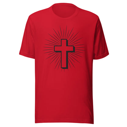 Christian Cross with Sun Rays on a short sleeve red Unisex T-Shirt.