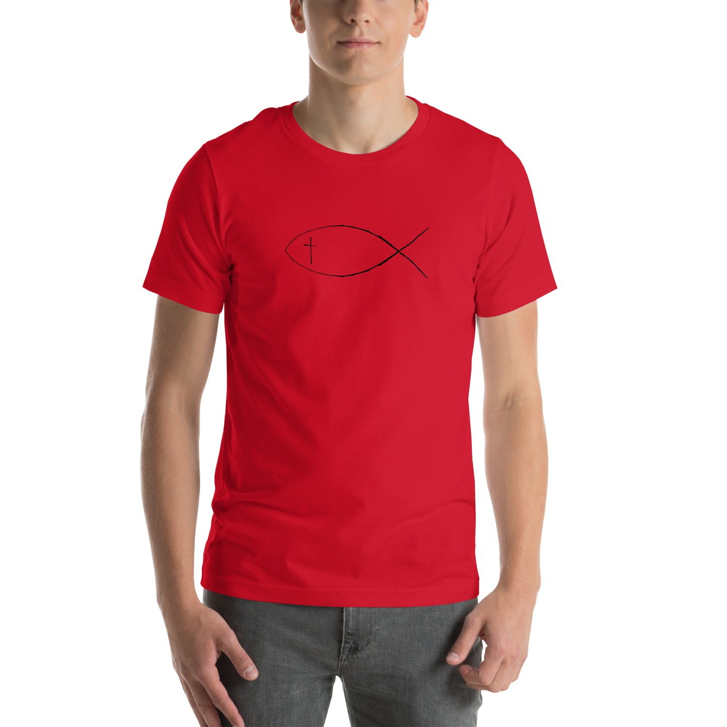 Red Unisex short sleeve t-shirt with Christan fish and cross. 
