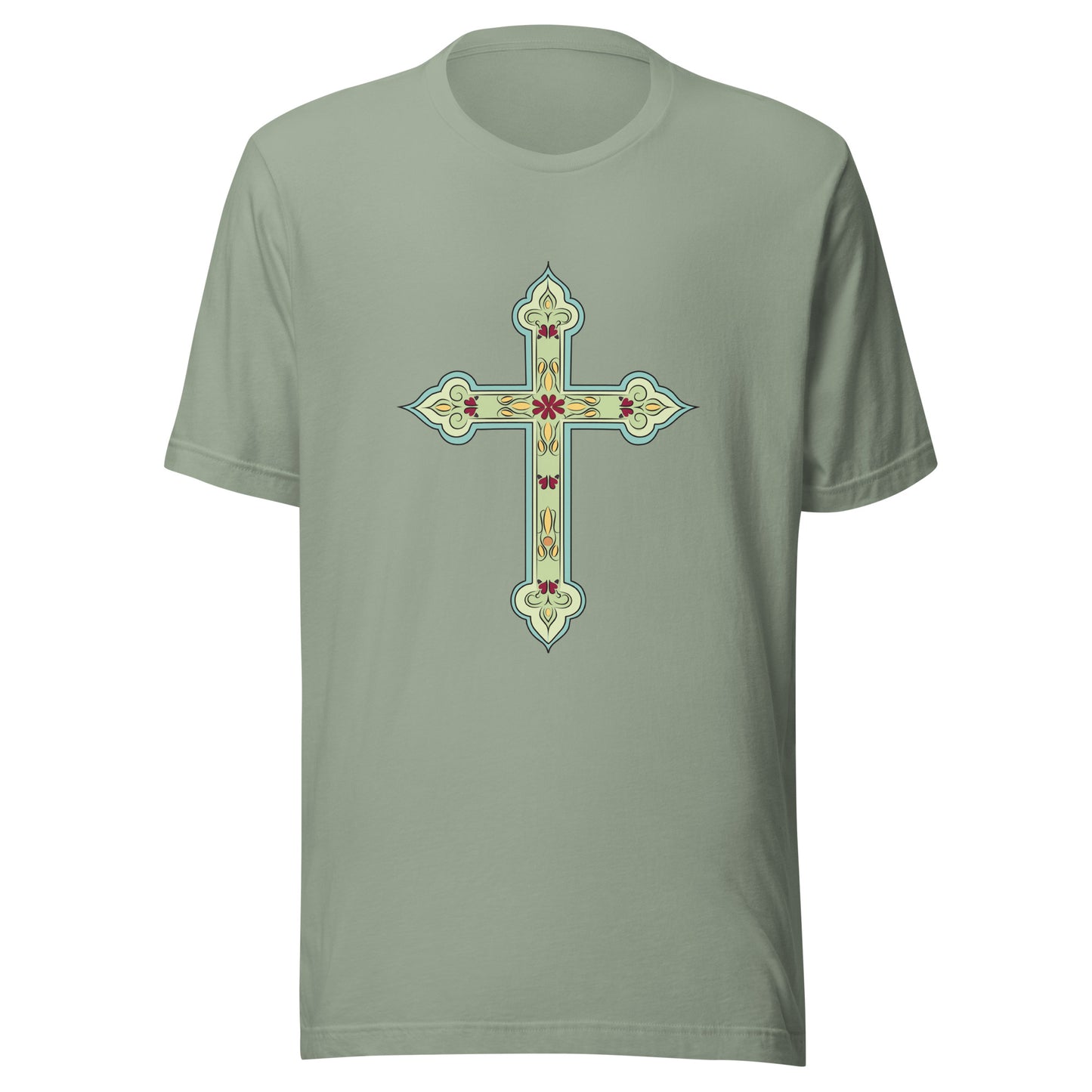 Sage short sleeve unisex tee ornately decorated colored Christian Cross. 