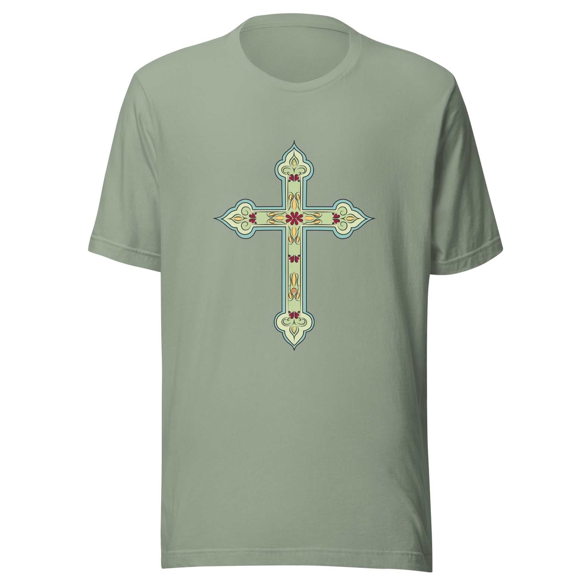 Sage short sleeve unisex tee ornately decorated colored Christian Cross. 