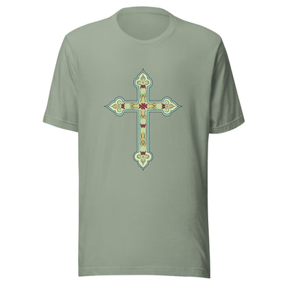 Sage short sleeve unisex tee ornately decorated colored Christian Cross. 