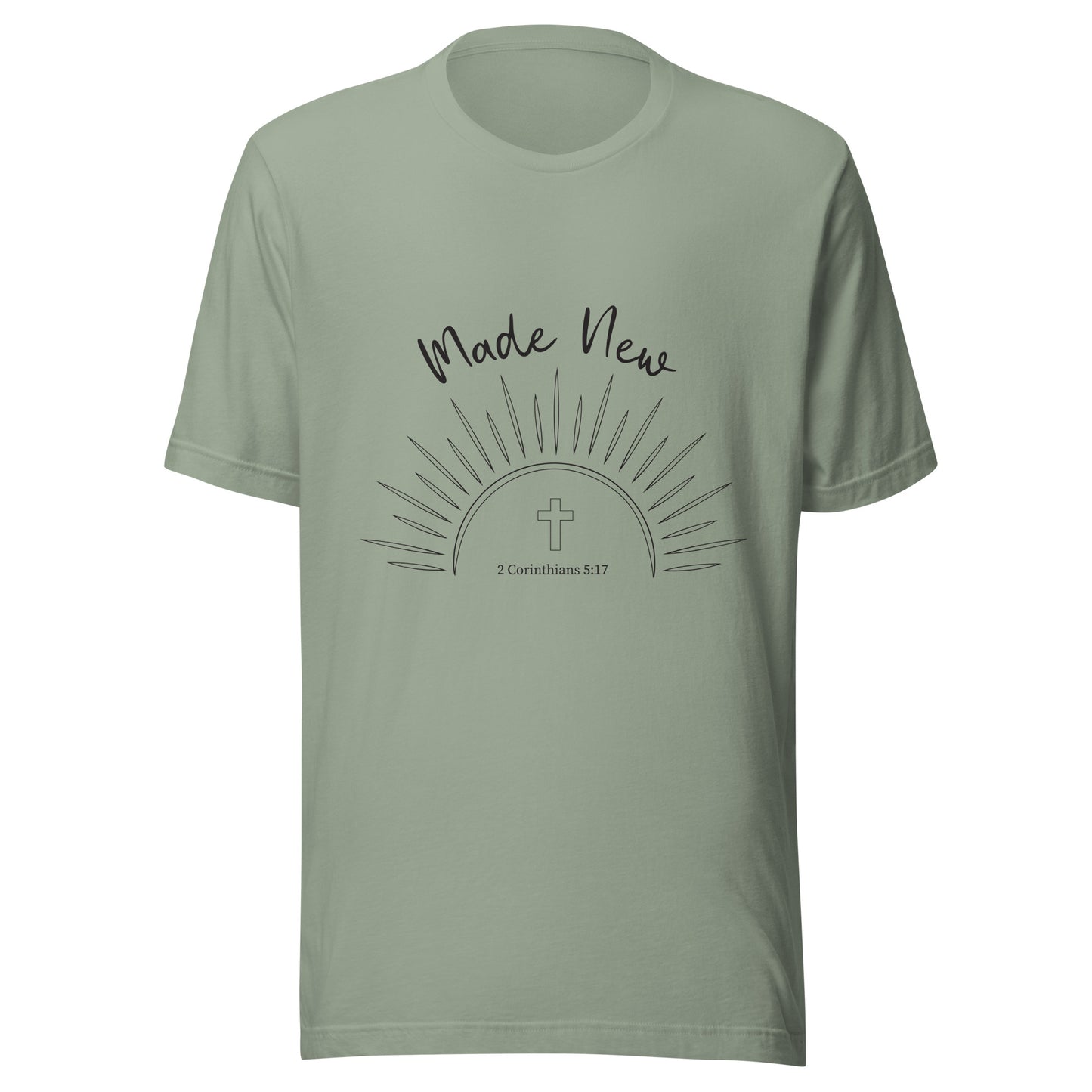 Sage short sleeve unisex t-shirt with a Sun and rays below the words 'Made New' and inside the sun is a cross and 2 Corinthians 5:17.