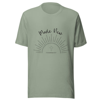 Sage short sleeve unisex t-shirt with a Sun and rays below the words 'Made New' and inside the sun is a cross and 2 Corinthians 5:17.