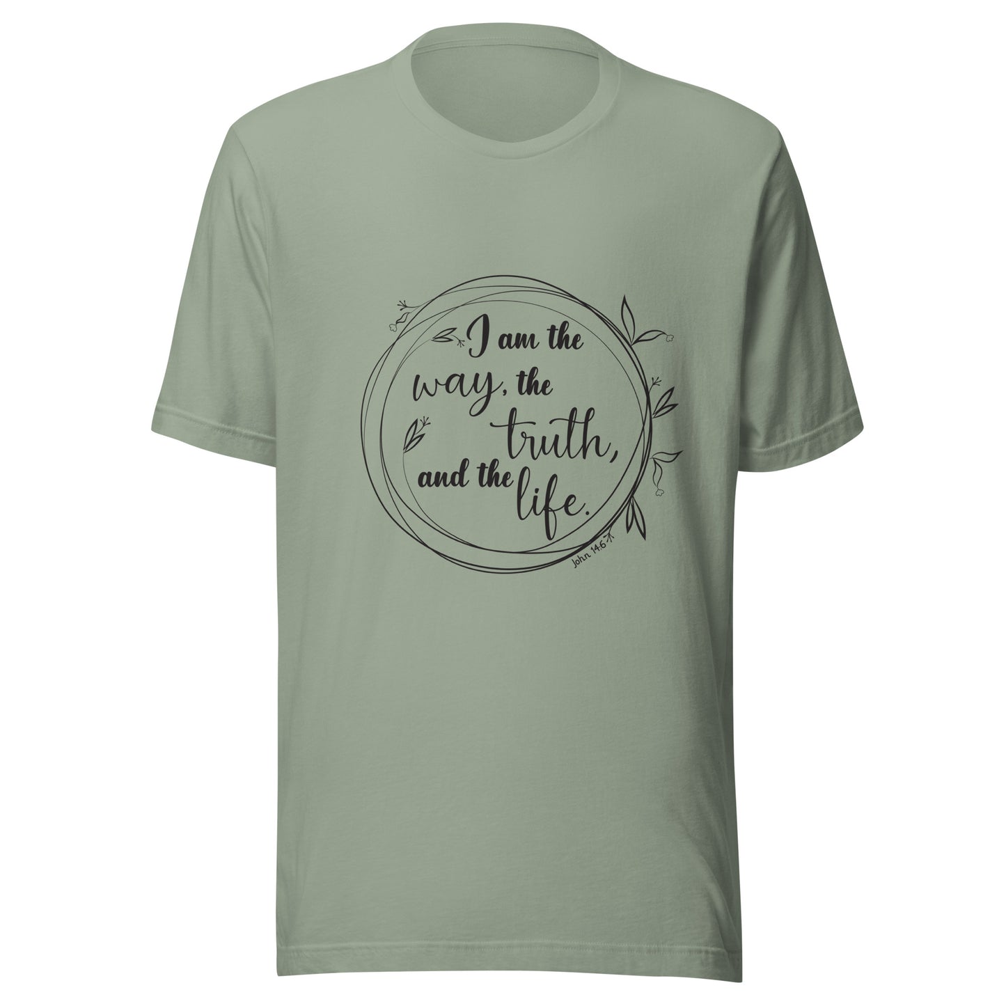 Sage unisex short sleeve t-shirt with John 14:6 scripture written in a viney circle.