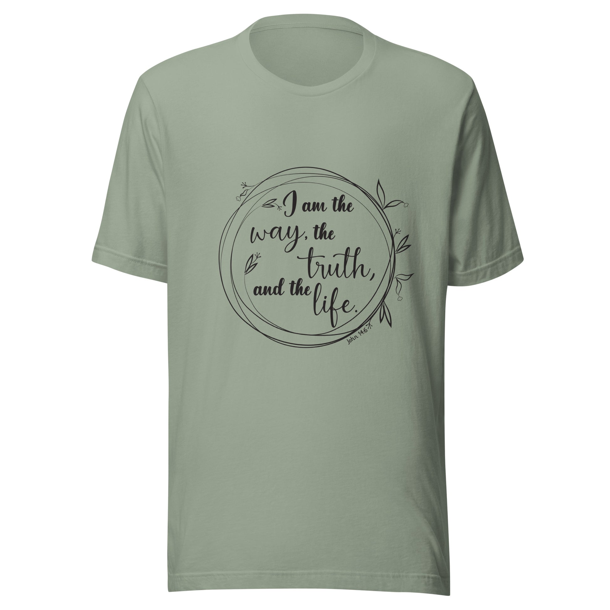 Sage unisex short sleeve t-shirt with John 14:6 scripture written in a viney circle.