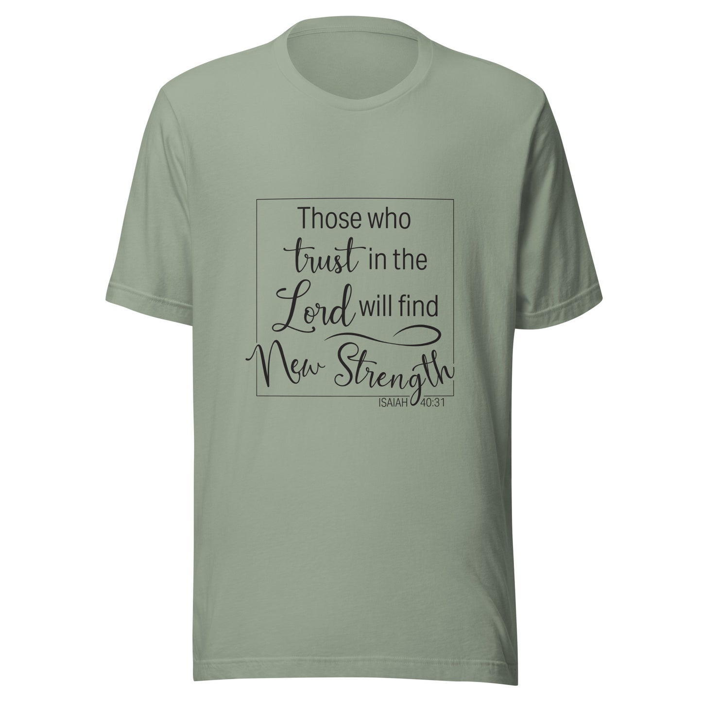 Sage unisex short sleeve t-shirt with Isaiah 40:31 scripture written in a square.