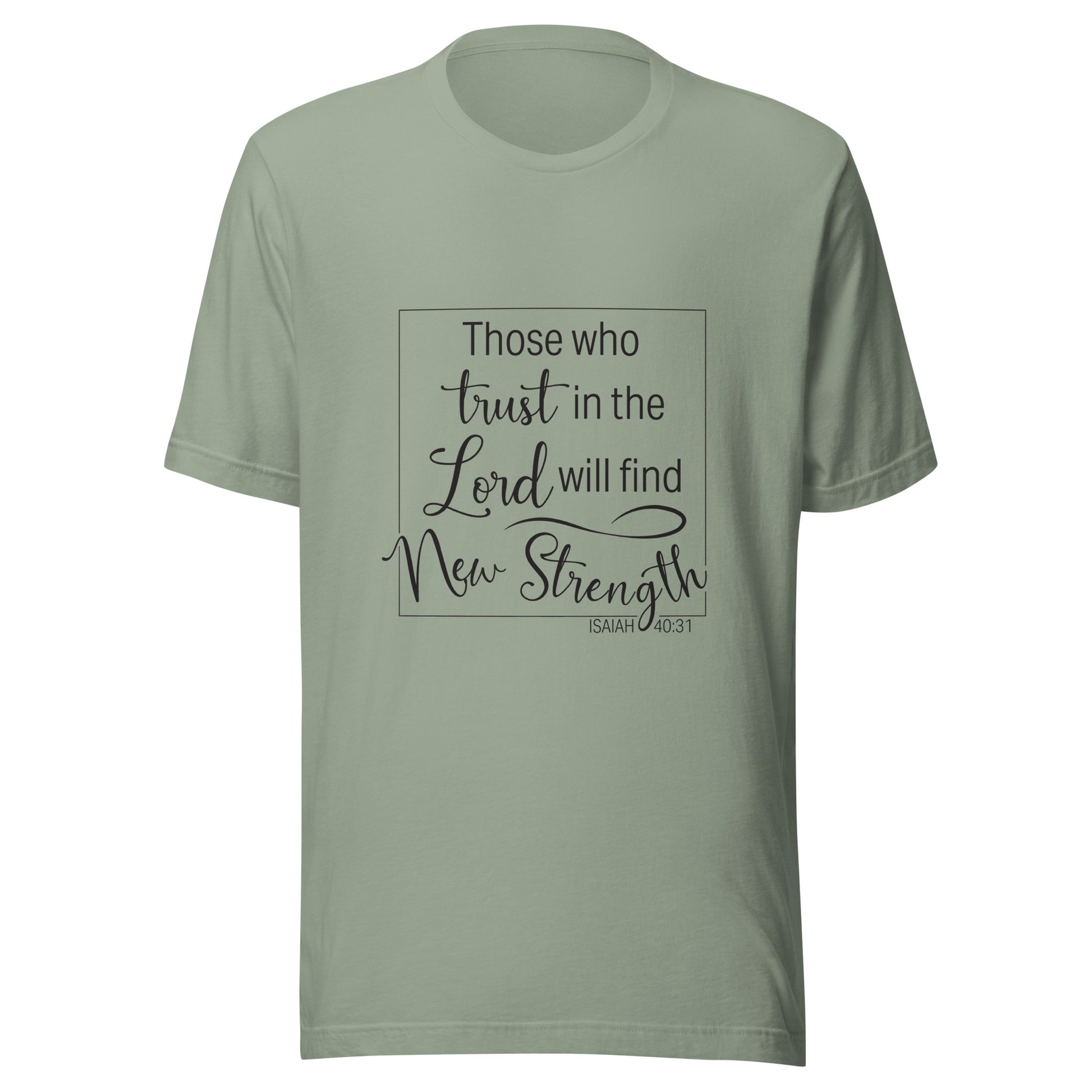 Sage unisex short sleeve t-shirt with Isaiah 40:31 scripture written in a square.
