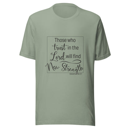 Sage unisex short sleeve t-shirt with Isaiah 40:31 scripture written in a square.