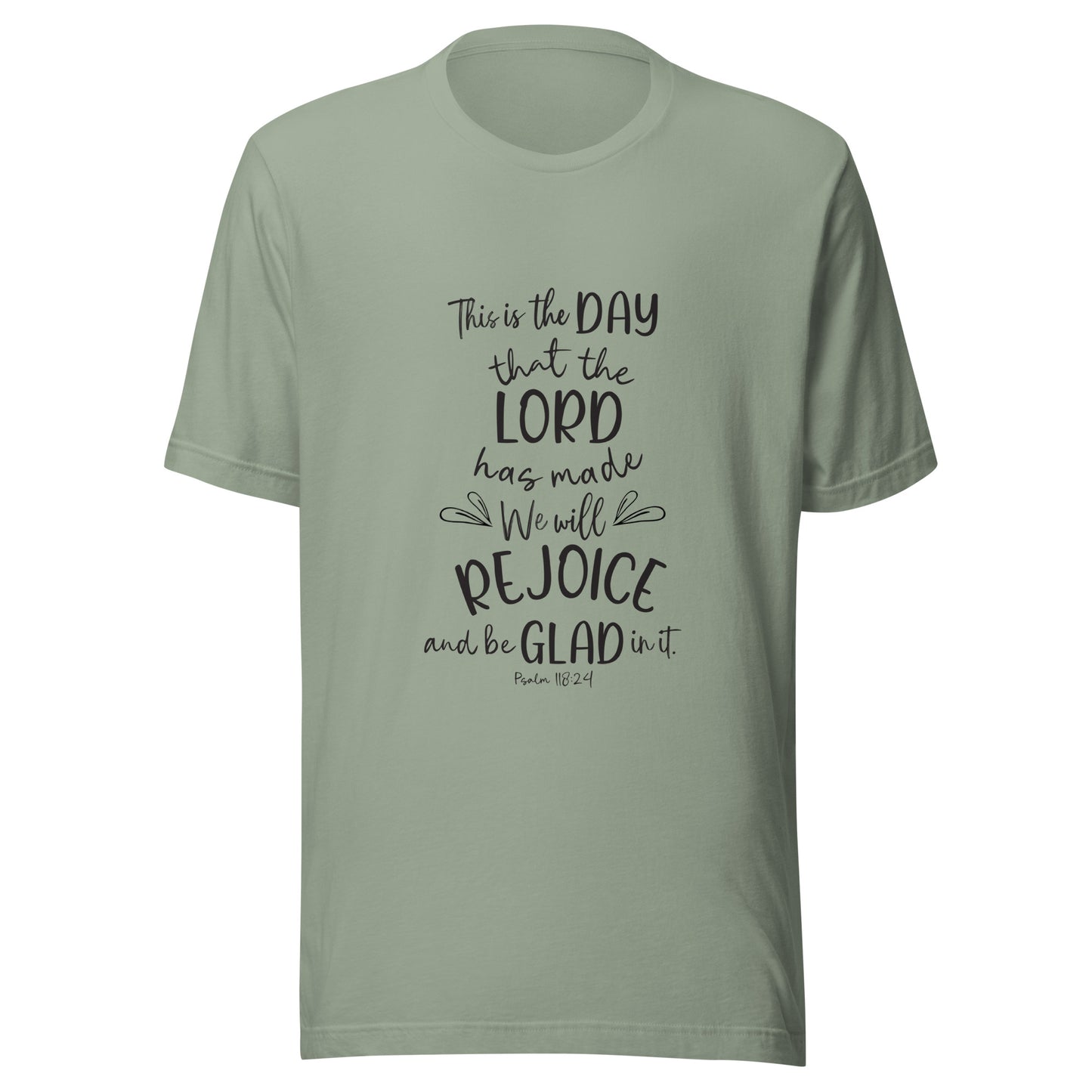 Sage unisex short sleeve t-shirt with Psalm 118:24 scripture with a vine up one side of the words.