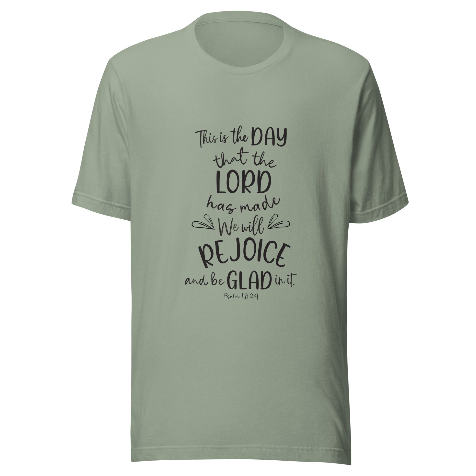 Sage unisex short sleeve t-shirt with Psalm 118:24 scripture with a vine up one side of the words.