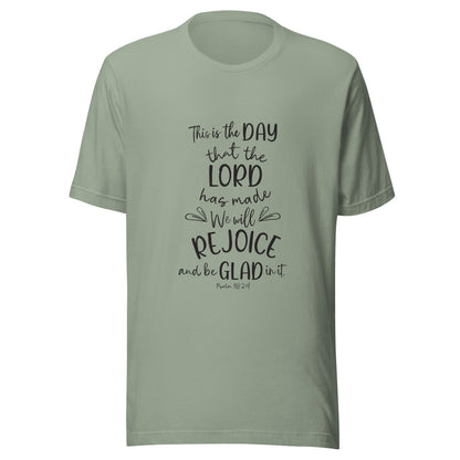 Sage unisex short sleeve t-shirt with Psalm 118:24 scripture with a vine up one side of the words.