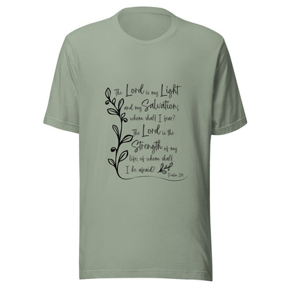 Sage unisex short sleeve t-shirt with Psalm 27:1 scripture with a vine up one side of the words.