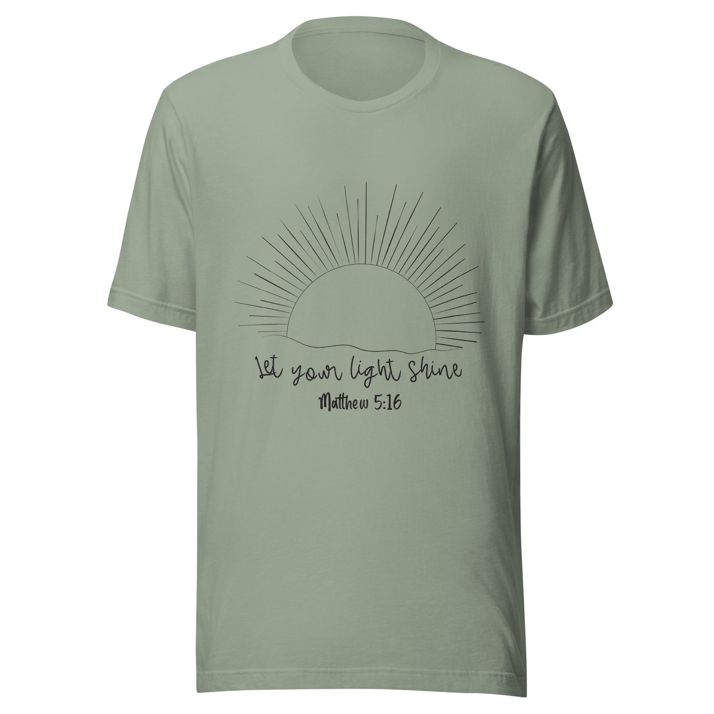 Sage unisex short sleeve t-shirt that has a sun with many rays and underneath says 'Let your light shine', Matthew 5:16.