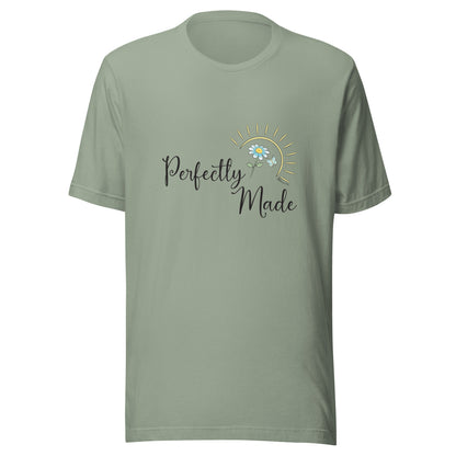Sage unisex short sleeve t-shirt that says Perfectly Made with a flower butterfly and sun.
